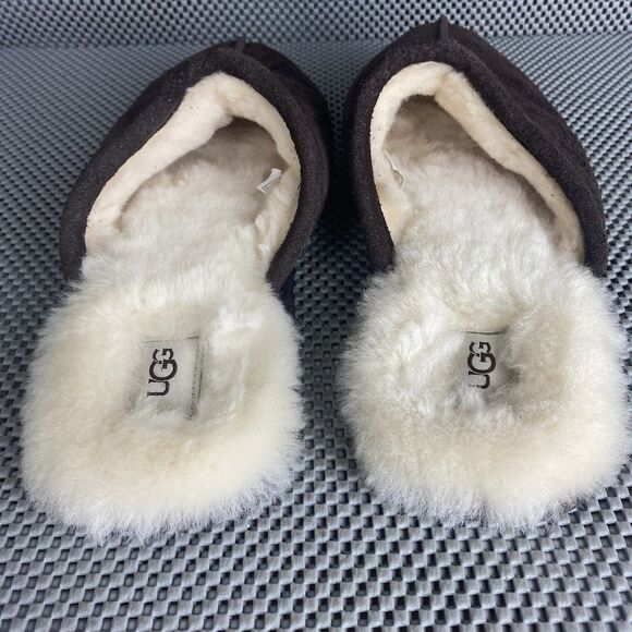 UGG Scuff Slippers Mens Size 11 Brown Leather Sheepskin Shearling Slide On - Picture 8 of 11